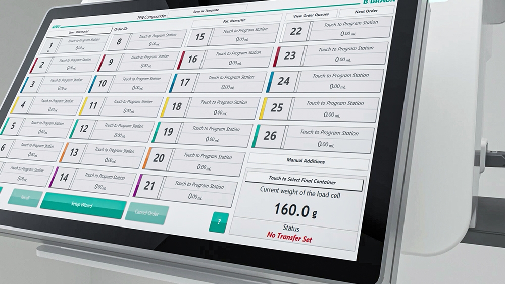 Imagem ampliada do ecrã do equipamento de compounding APEX®. 