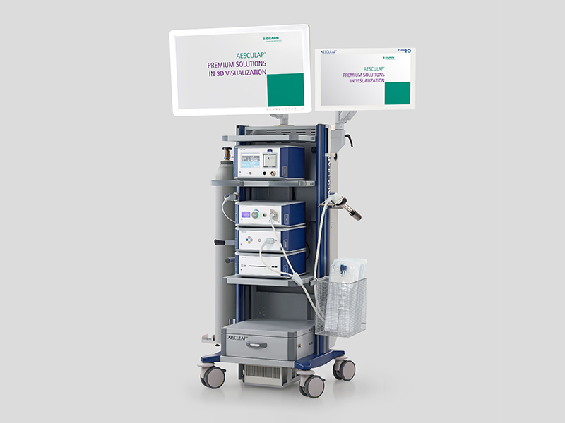 Torres de laparoscopia com sistemas de visualização, equipamento de irrigação, insuflação e sucção.