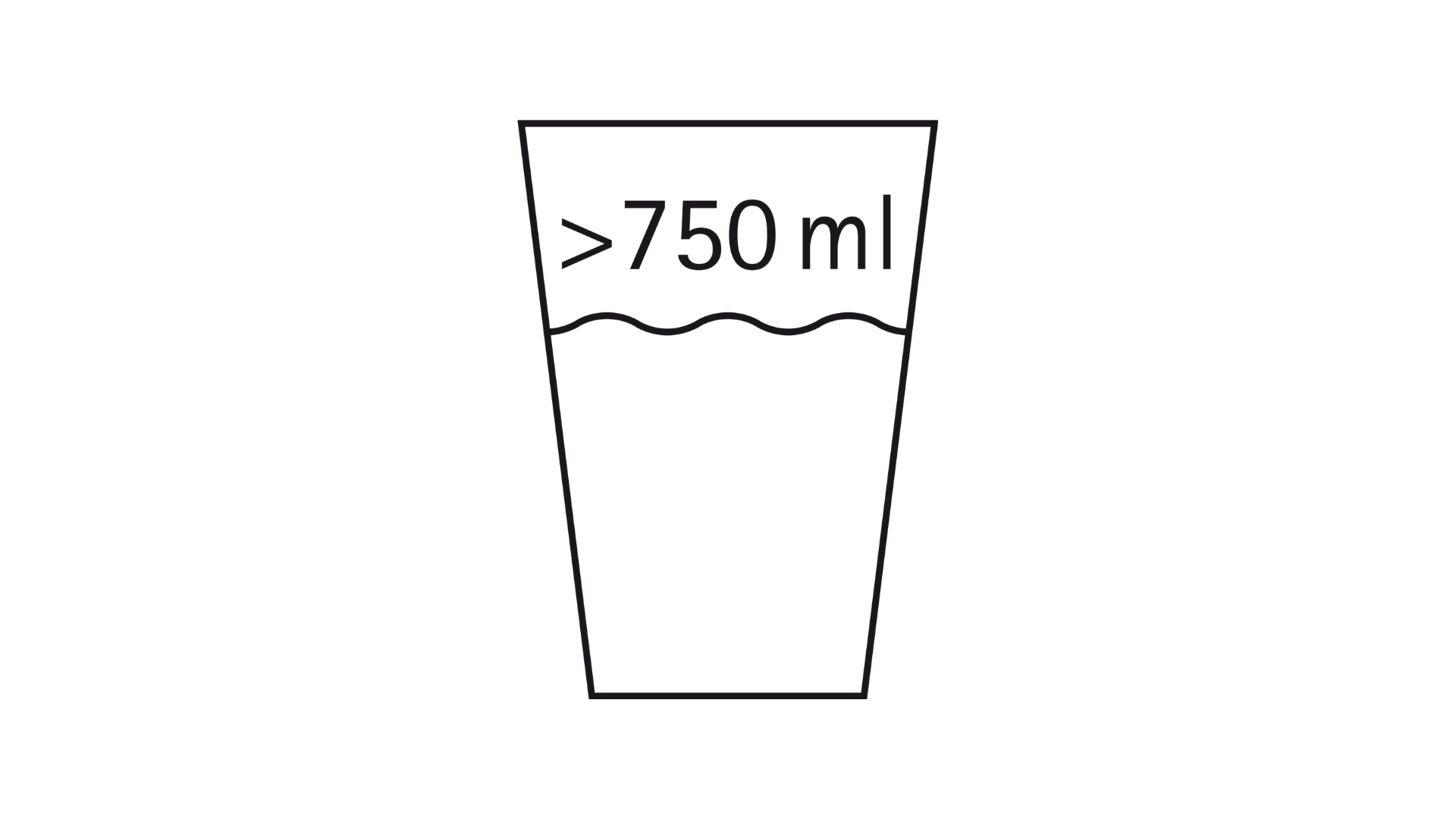 Uma ilustração simples de um copo transparente cheio de líquido quase até ao topo. Uma linha ondulada horizontal indica o nível do fluido, e o texto ">750ml" está escrito perto da borda.