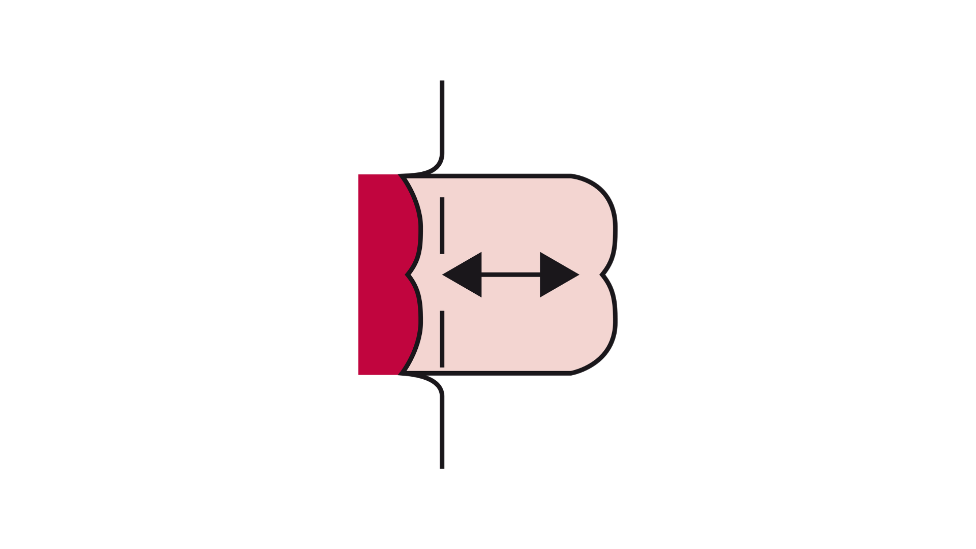 Ilustração de perfil de um estoma telescópico. Mostra uma base principal do estoma vermelha ao nível da pele, com uma secção secundária de cor rosa mais clara a sobressair para fora, marcada por uma seta horizontal de cabeça dupla que indica que o estoma se move para dentro e para fora.